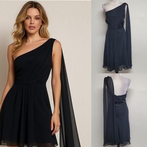 Vintage 90s White House Black Market Black Chiffon Caped One-Shoulder Mini Dress